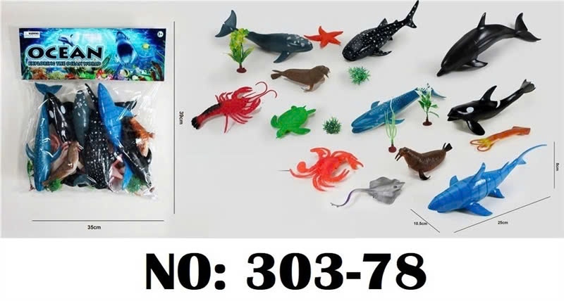 303-78 TÚI THÚ BIỂN 14C ĐỦ MẪU + CÂY (CÁ MẬP, CÁ HEO, TÔM, CUA, CÁ ĐUỐI, SAO BIỂN, HẢI CẨU, RÙA) OCEAN (PVA) NHIỀU CON