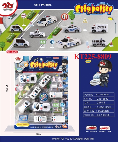 KT225-8809 VĨ MÔ HÌNH XE HƠI CS TRỚN 8C+ BIỂN BÁO CITY POLICE 32X43.5