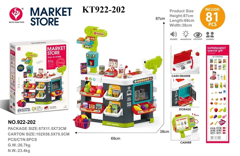KT922-202 HỘP KỆ BẾP QUẦY MÁY TÍNH TIỀN SIÊU THỊ PIN+ GIỎ ĐỒ 81 MIẾNG MARKET STORE 57X11.5X73 XANH