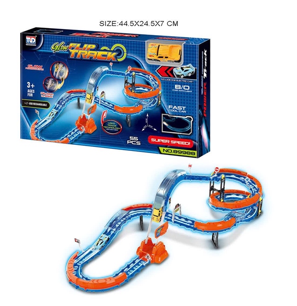 KT89988 HỘP ĐƯỜNG RAY XE ĐUA PIN ĐÈN 55 MIẾNG+ SẠC USB GLOW FLIP TRACK 44.5X24.5X7