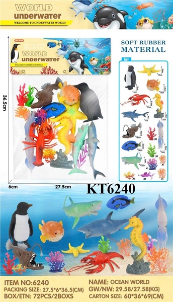 KT6240  TÚI THÚ BIỂN 10C+ SAN HÔ (CHIM CÁNH CỤT, SAO BIỂN, TÔM, CÁ NGỰA, SỨA, CÁ MẬP) WORLD UNDERWATER (PVC NHIỀU CON) 27.5X6X36.5