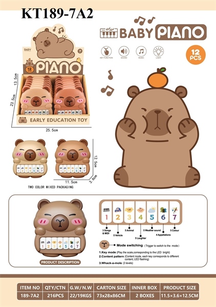 KT189-7A2 HỘP ĐÀN ORGAN CAPYBARA PIN NHẠC 12C (LỐC 12C TÍNH CÁI) BABY PIANO 25.5X23.5X13.5