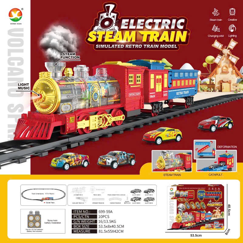 699-59A HỘP ĐƯỜNG RAY XE LỬA PIN KÉO TOA, PHUN KHÓI 21 MIẾNG STEAM TRAIN