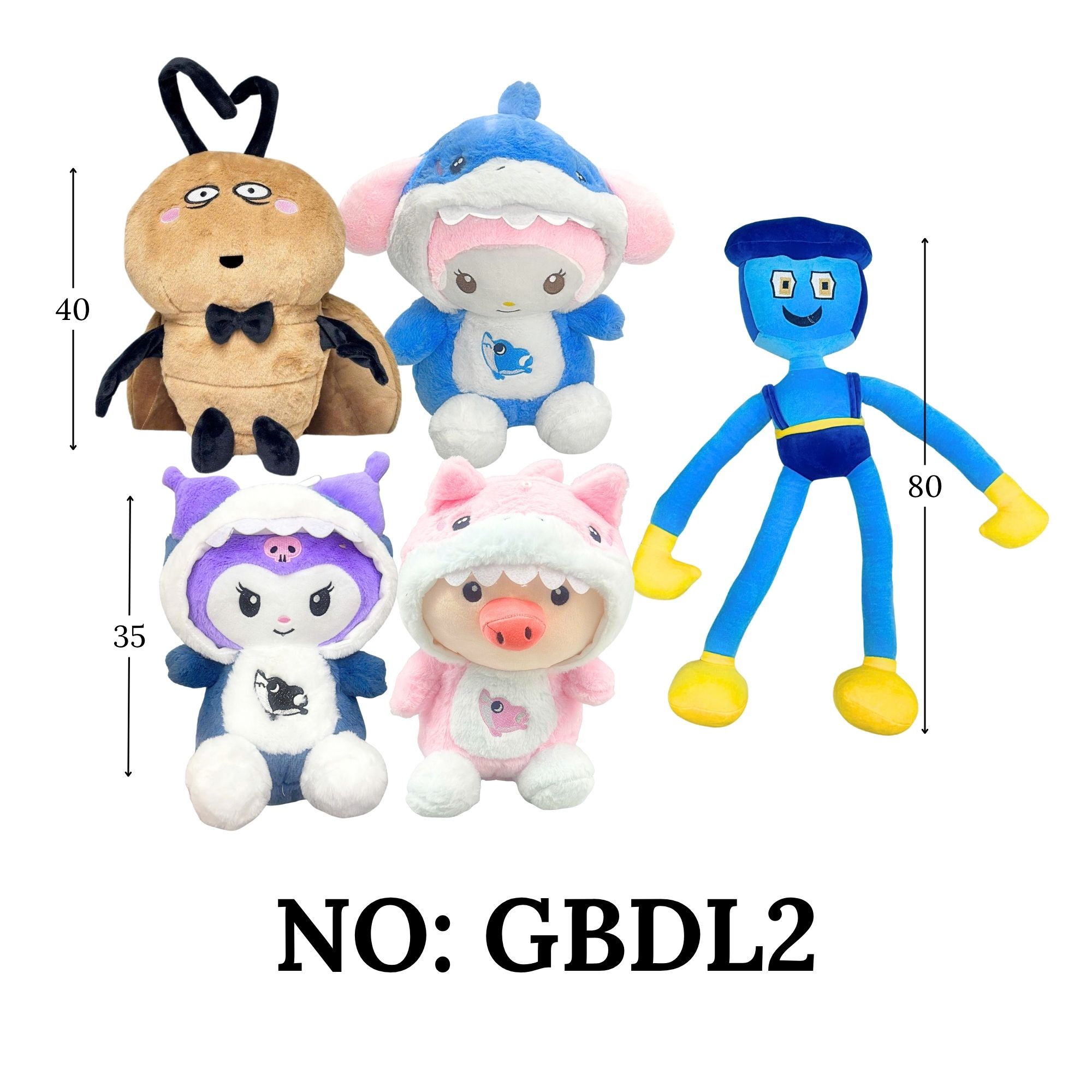 GẤU BÔNG HUGGY (XANH DƯƠNG) + KUROMI, MELODY, HEO COSPLAY CÁ MẬP + TIỂU CƯỜNG (NÂU)