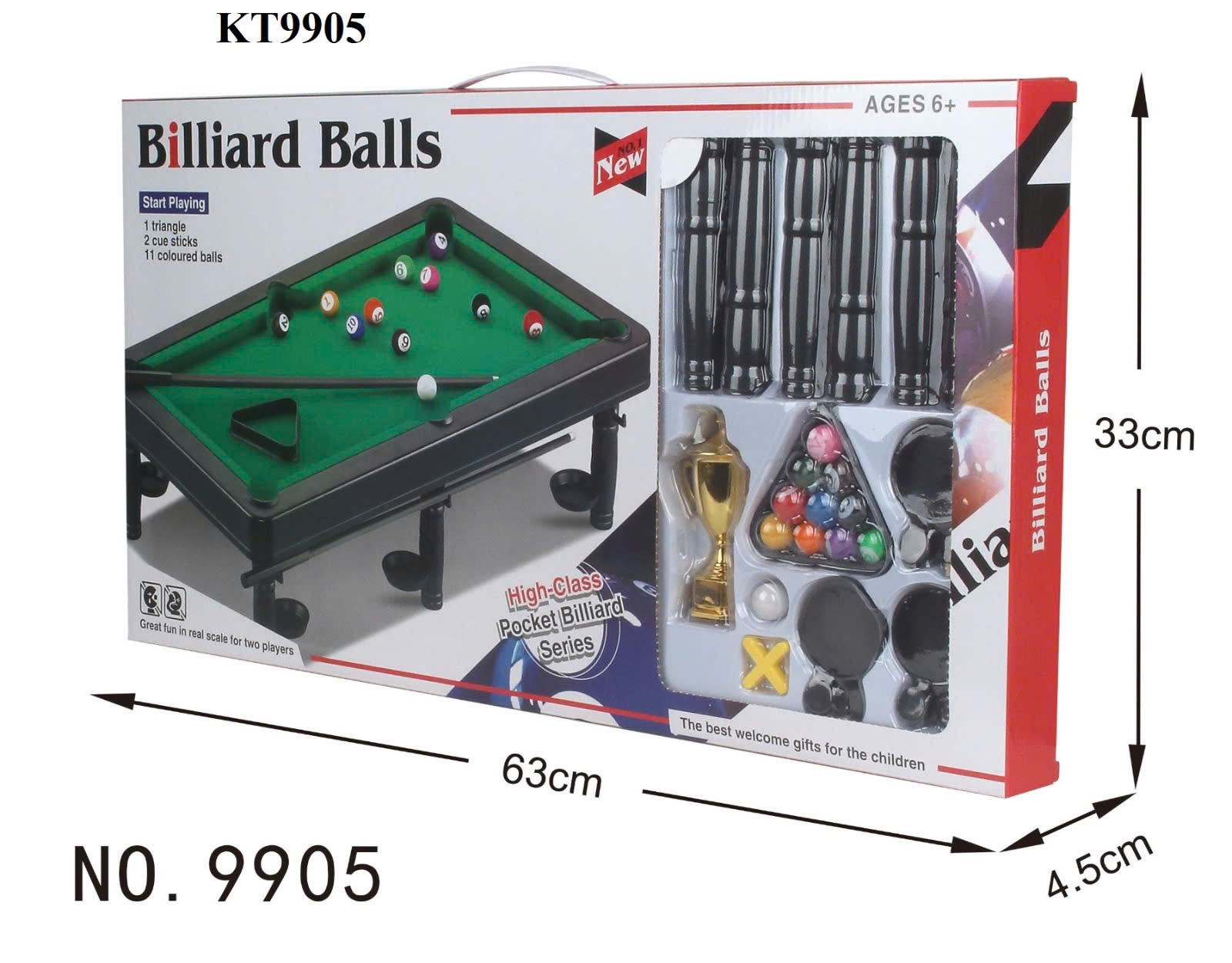 KT9905 HỘP BÀN BIDA 6 CHÂN+ CÚP BILLIARD BALLS 63X4.5X33