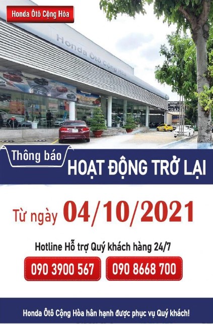 THÔNG BÁO: HONDA ÔTÔ CỘNG HÒA HOẠT ĐỘNG TRỞ LẠI TỪ 04/10/2021