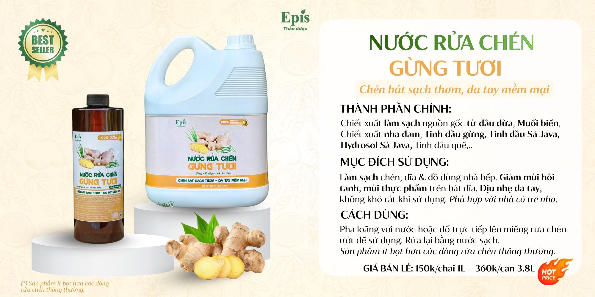 Nước rửa chén Gừng tươi Epis