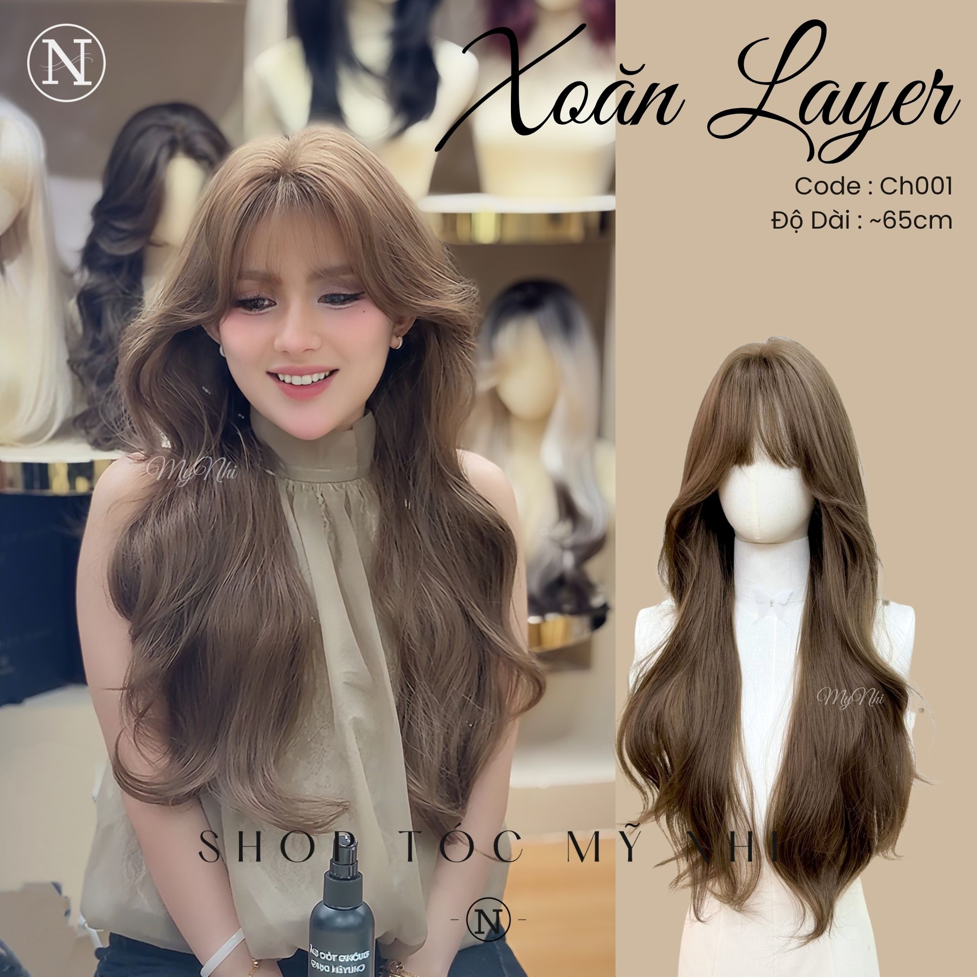Tóc Giả Nguyên Đầu Dệt Kim  Mái Thưa Xoăn Layer CH001 65cm