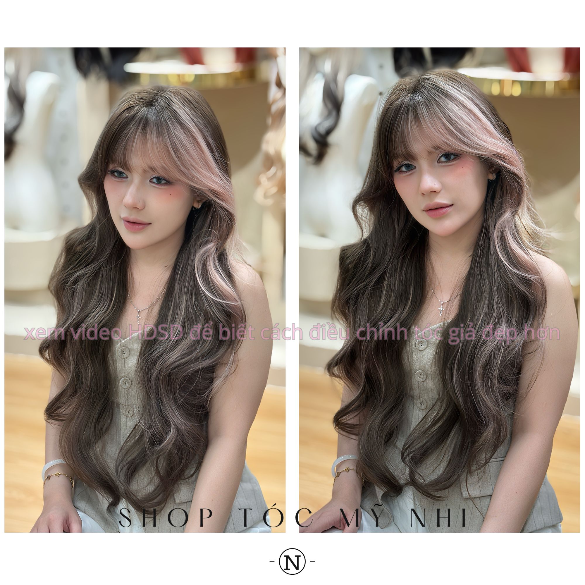 Tóc Giả Dệt Kim Xoăn Layer Mái Thưa Màu Highlight NG16 dài 60cm