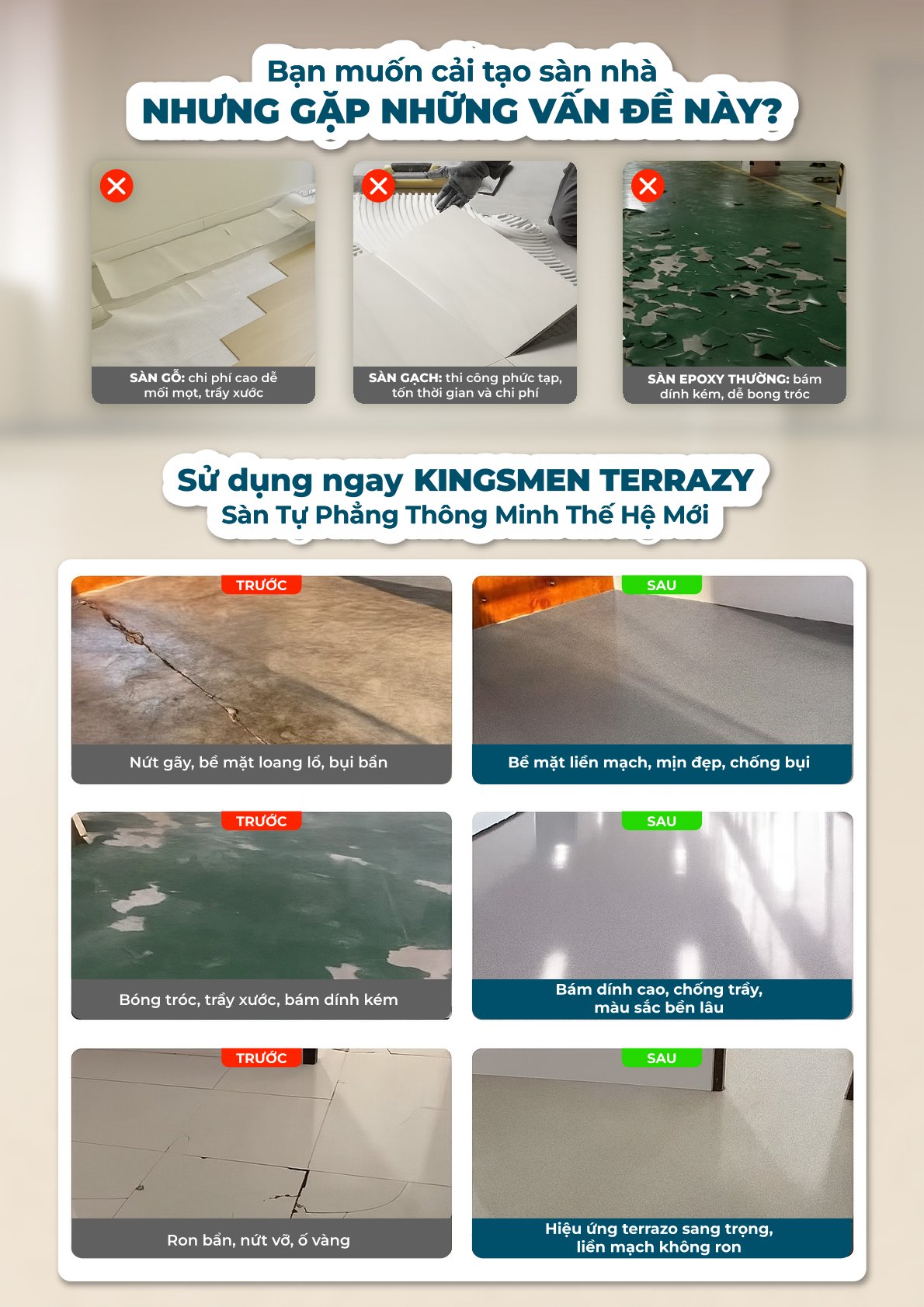 [1KG] Kingsmen Terrazy - Sàn tự phẳng thông minh thế hệ mới