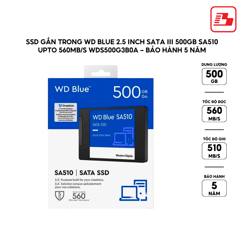 SSD gắn trong WD Blue 2.5 inch SATA III 500GB SA510 upto 560MB/s WDS500G3B0A - Bảo Hành 5 năm