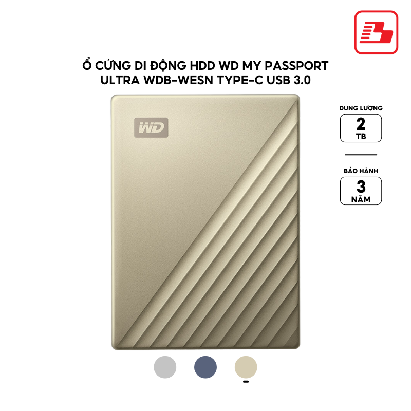 Ổ cứng di động HDD Western Digital My Passport Ultra Type-C USB3.0 2.5" 2TB 5Gbps Vàng WDBC3C0020BGD-WESN -  Bảo hành 3 năm