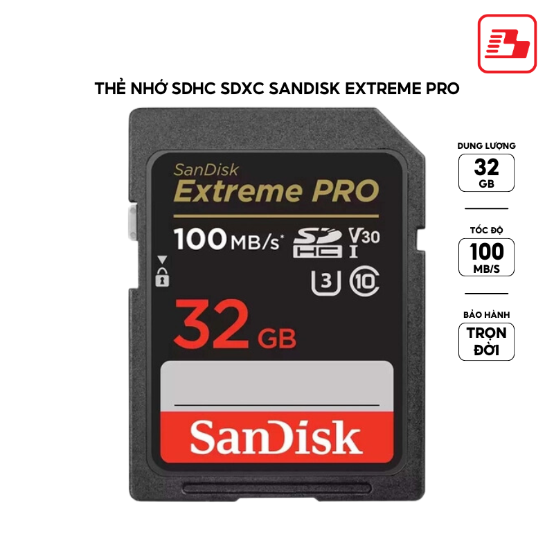 Thẻ nhớ SDHC Sandisk Extreme Pro 32GB V30 U3 C10 UHS-I 100MB/s SDSDXXO-032G-GN4IN - Bảo hành trọn đời