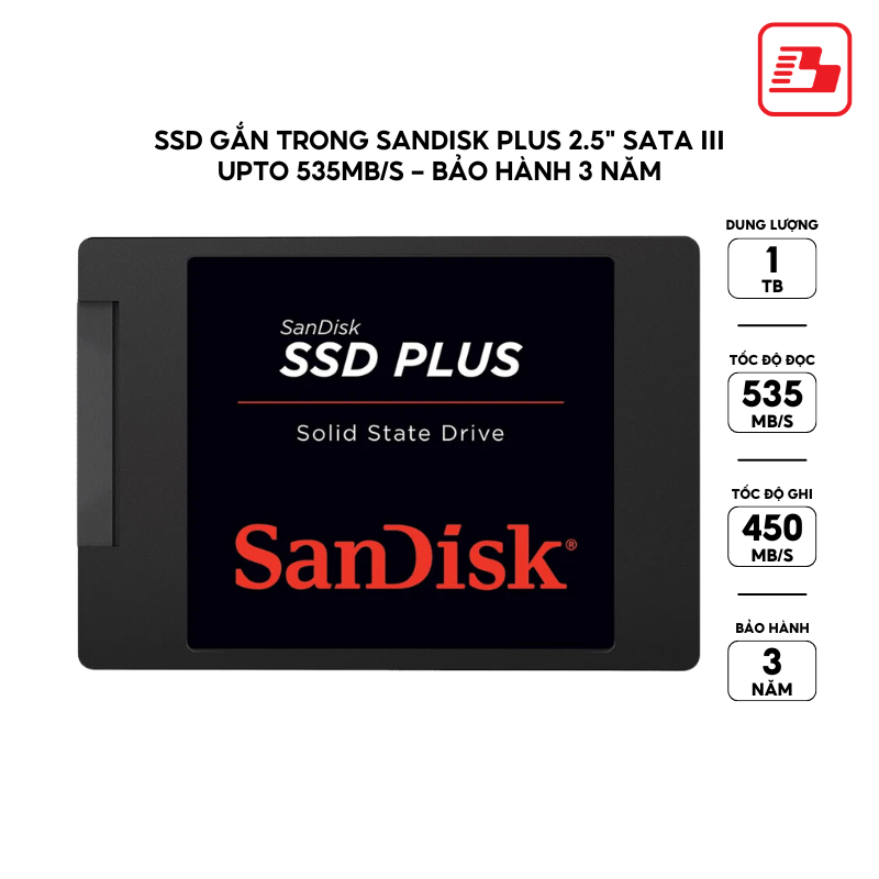 SSD gắn trong SanDisk Plus 1TB 2.5" SATA III upto 535MB/s SDSSDA-1T00-G27 - Bảo hành 3 năm