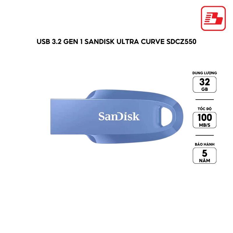 USB 3.2 Gen 1 Sandisk Ultra Curve SDCZ550 32GB 100MB/s SDCZ550-032G-G46NB màu xanh navy - Bảo hành 5 năm