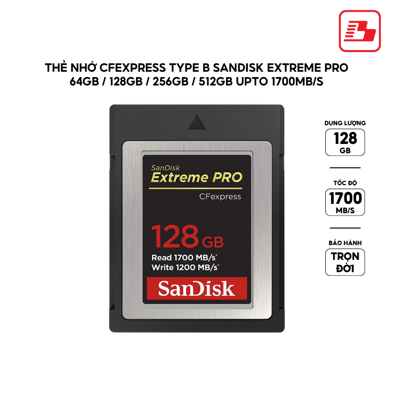 Thẻ nhớ CFexpress Type B SanDisk Extreme Pro 128GB up to 1700MB/s SDCFE-128G-GN4NN - Bảo hành trọn đời