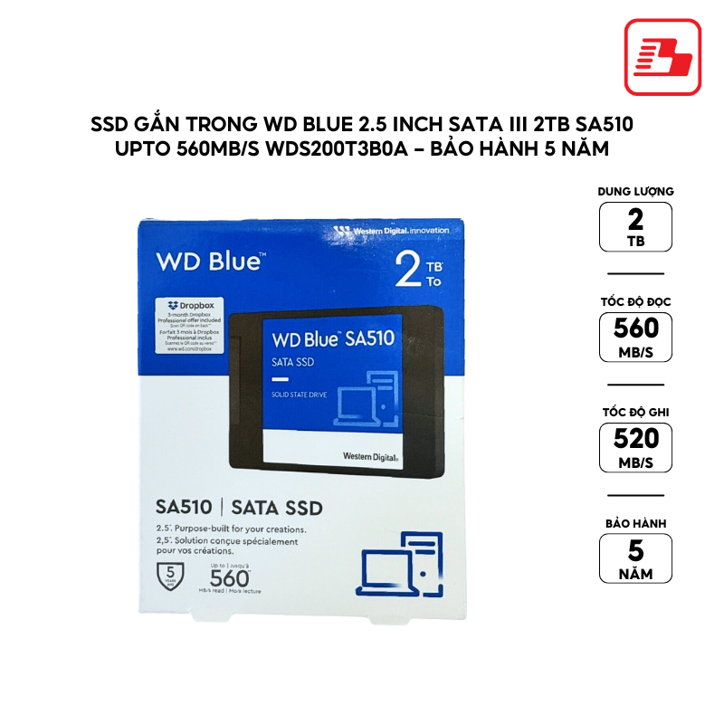 SSD gắn trong WD Blue 2.5 inch SATA III 2TB SA510 upto 560MB/s WDS200T3B0A - Bảo Hành 5 năm