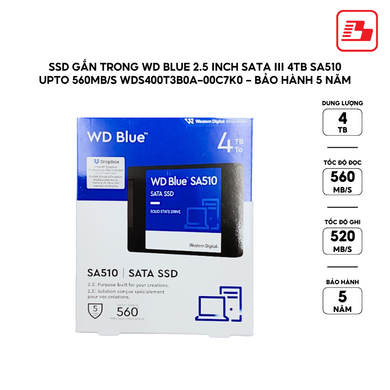SSD gắn trong WD Blue 2.5 inch SATA III 4TB SA510 upto 560MB/s WDS400T3B0A-00C7K0 - Bảo Hành 5 năm