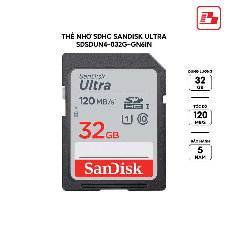 Thẻ nhớ SDHC Sandisk Ultra 32GB UHS-I 120MB/s SDSDUN4-032G-GN6IN - Bảo hành 5 năm
