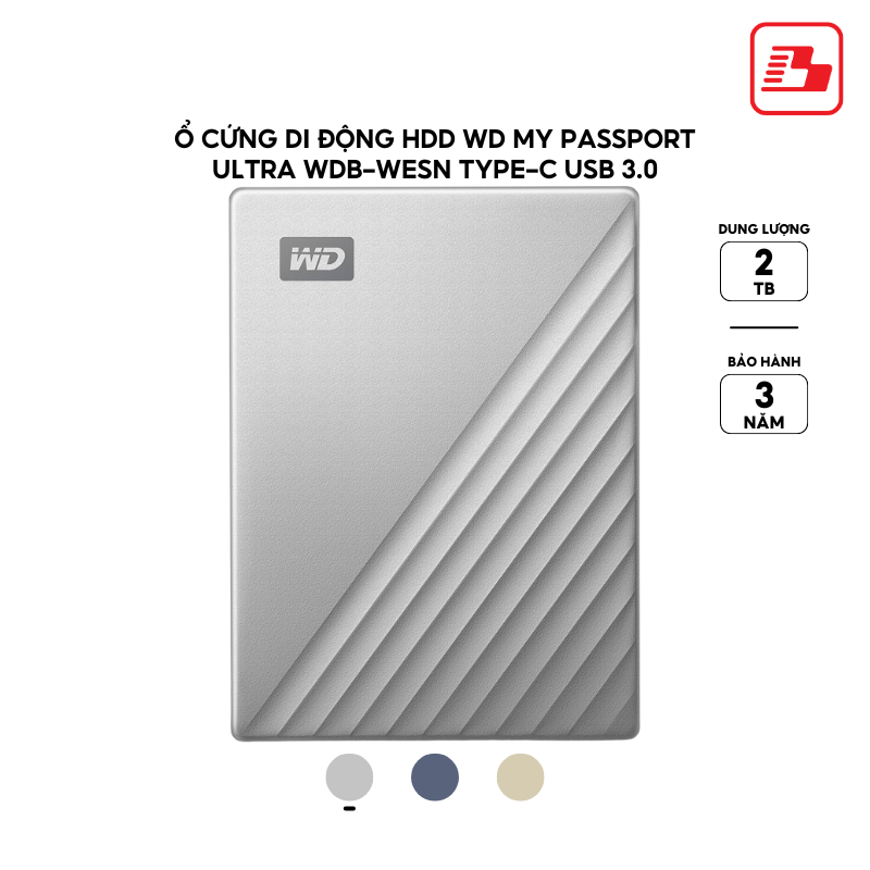 Ổ cứng di động HDD Western Digital My Passport Ultra Type-C USB3.0 2.5" 2TB 5Gbps Bạc WDBC3C0020BSL-WESN -  Bảo hành 3 năm