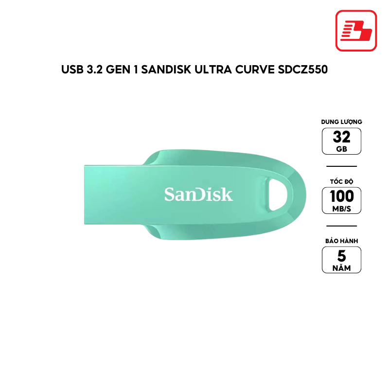 USB 3.2 Gen 1 Sandisk Ultra Curve SDCZ550 32GB 100MB/s SDCZ550-032G-G46G màu xanh mint - Bảo hành 5 năm