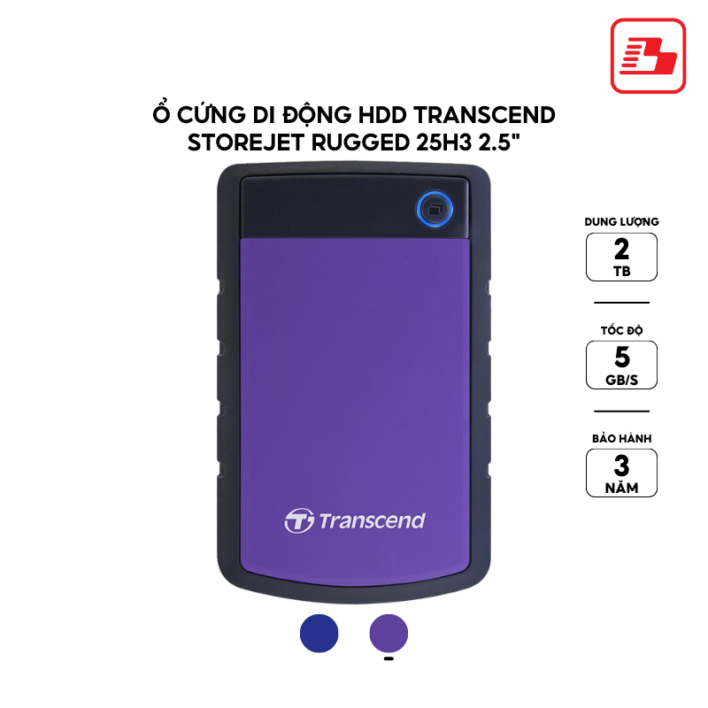 Ổ cứng di động HDD Transcend StoreJet Rugged 25H3 2.5" 2TB 5Gbps Tím TSTSJ25H3P - Bảo hành 3 năm