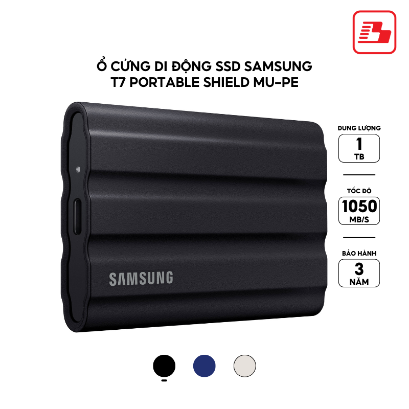 Ổ cứng di động SSD Samsung T7 Portable Shield 1TB 1050MB/s Đen MU-PE1T0S/WW - Bảo hành 3 năm