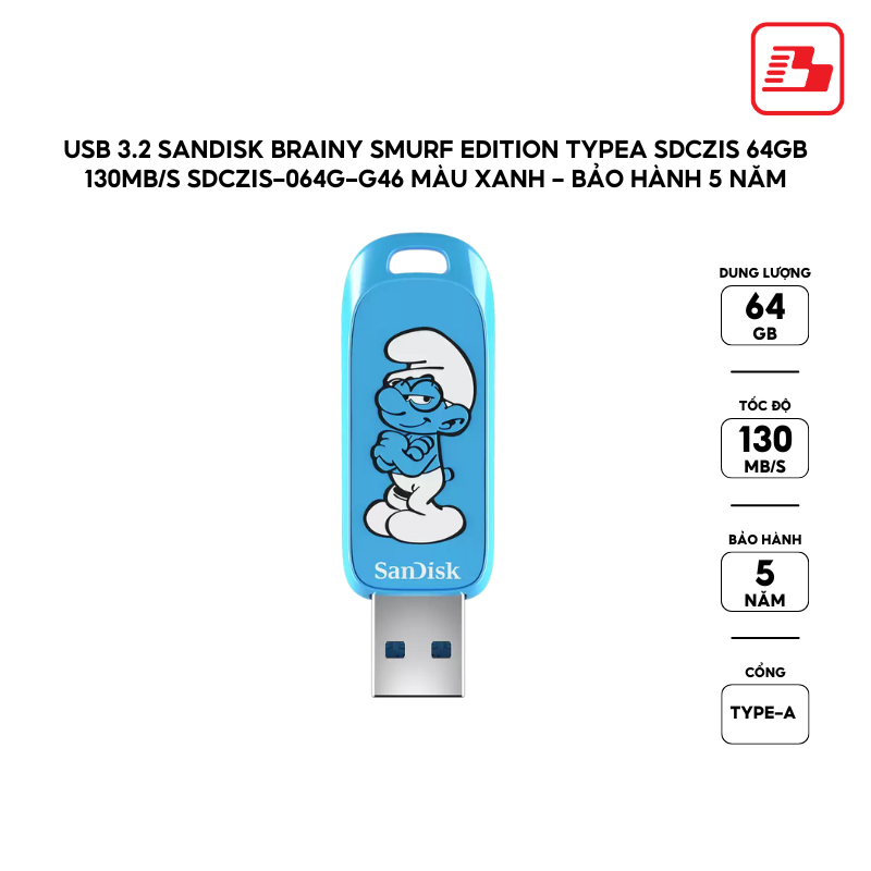 USB 3.2 Sandisk Brainy Smurf Edition TypeA SDCZIS 64GB 130MB/s SDCZIS-064G-G46 màu xanh - Bảo hành 5 năm