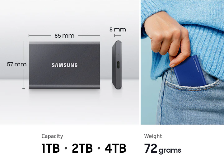 Ổ cứng di động SSD Samsung T7 Portable 1TB 1050MB/s Xám Titan MU-PC1T0T/WW - Bảo hành 3 năm