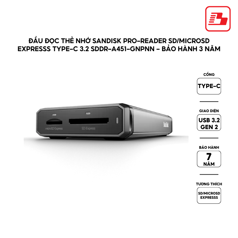 Đầu đọc thẻ nhớ SanDisk PRO-READER SD/microSD Expresss Type-C 3.2 SDDR-A451-GNPNN - Bảo hành 3 năm