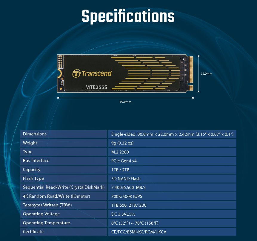 Ổ cứng gắn trong SSD Transcend TS2TMTE255S Heatsink 2TB M.2 2280 NVMe PCIe Gen4 x4 R/W 7400/6100MB/s - Bảo Hành 5 năm