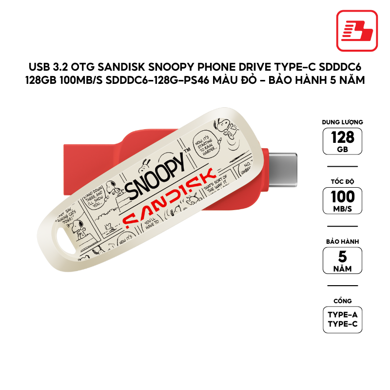 USB 3.2 OTG Sandisk Snoopy Phone Drive Type-C SDDDC6 128GB 100MB/s SDDDC6-128G-PS46 Màu Đỏ - Bảo hành 5 năm