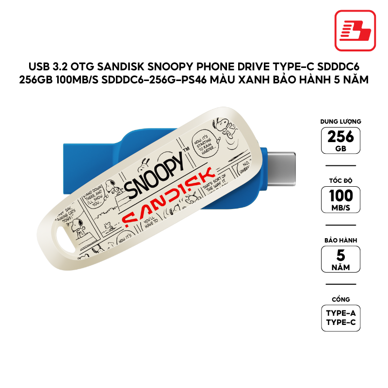 USB 3.2 OTG Sandisk Snoopy Phone Drive Type-C SDDDC6 256GB 100MB/s SDDDC6-256G-PS46 Màu Xanh - Bảo hành 5 năm