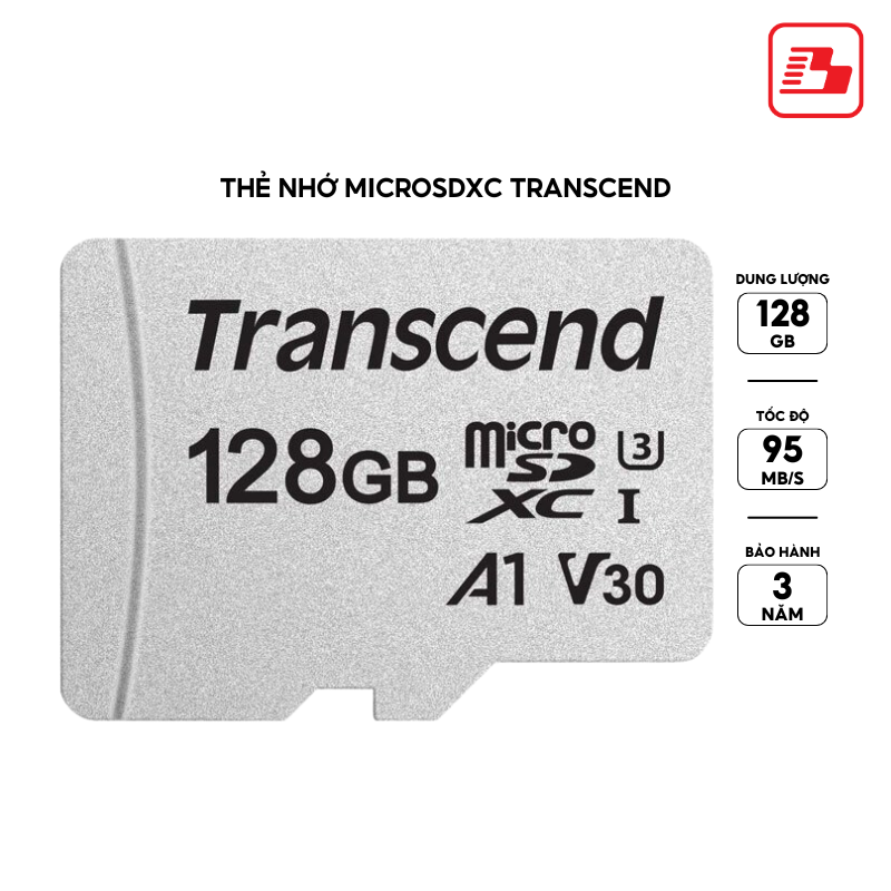Thẻ nhớ MicroSDXC Transcend 128GB Class 10 A1 U3 V30 upto 95MB/s TS128GUSD300S (không kèm adapter) - Bảo hành 5 năm