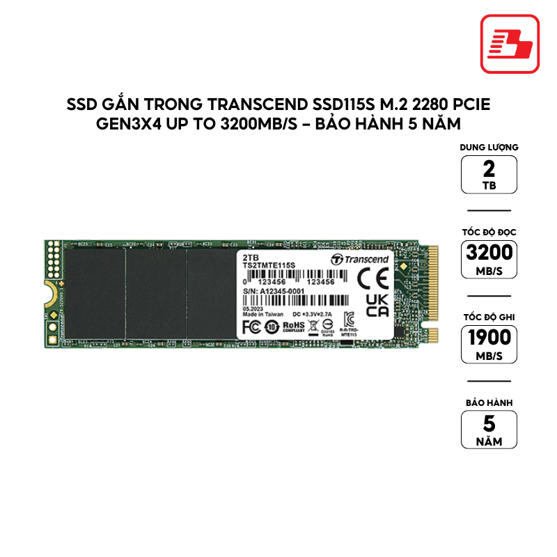 ổ cứng gắn trong 2TB SSD115S M.2 2280, PCIe Gen3x4, Transcend (up to R/W: 3200/1900MB/s) - Bảo Hành 3 năm