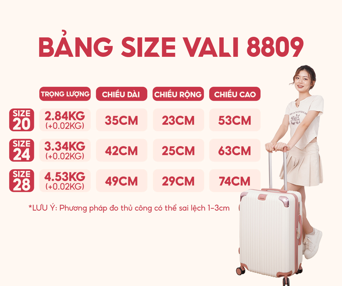 Bảng size vali kéo du lịch Bamozo 8809