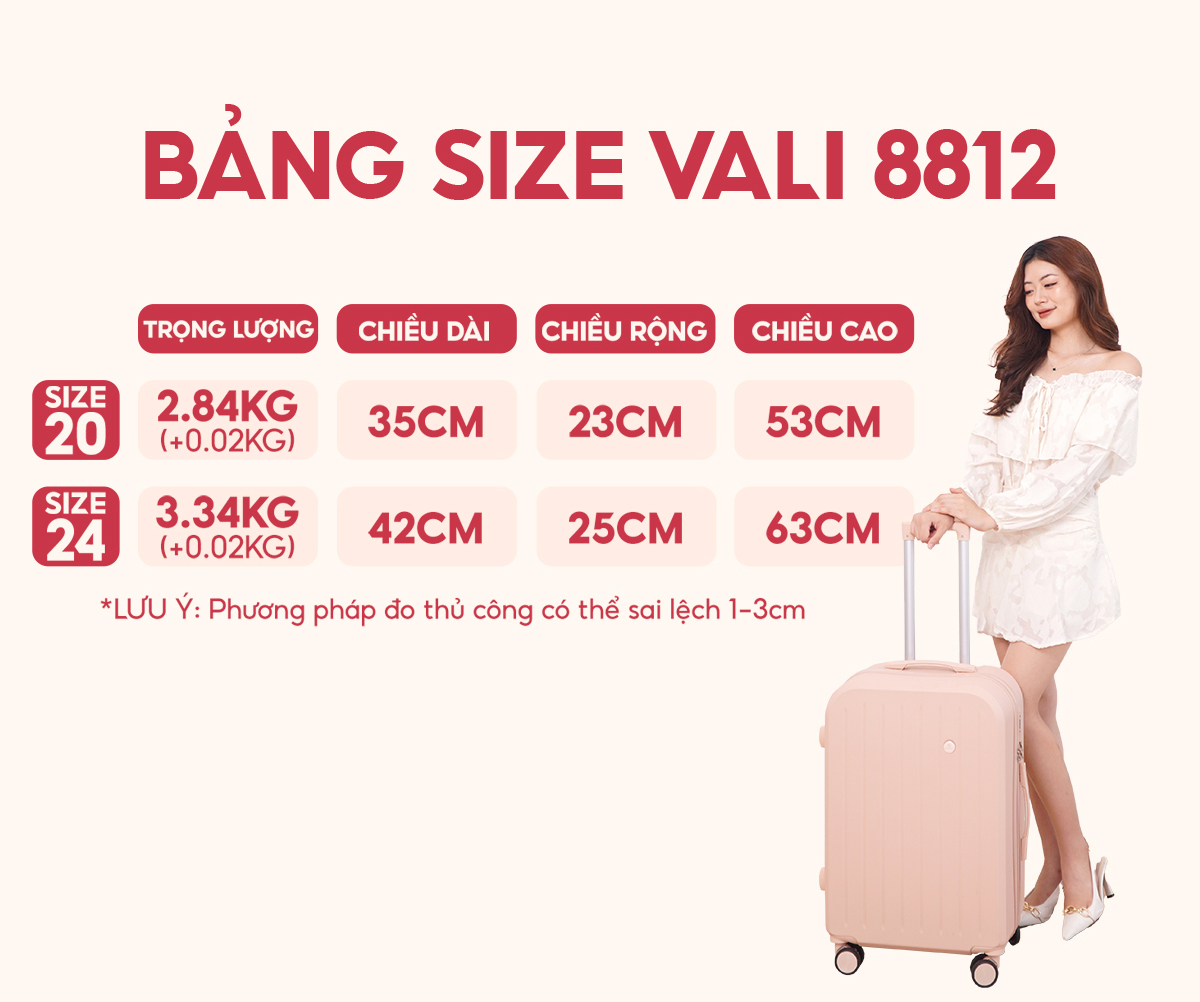 Bảng size vali khóa kéo Bamozo 8812