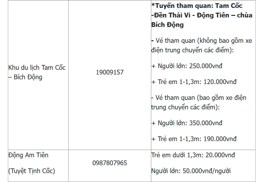 Bảng giá vé khu du lịch Tam Cốc Bích Động Ninh Bình 