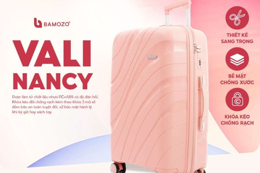 Vali siêu nhẹ Bamozo Nancy màu hồng baby