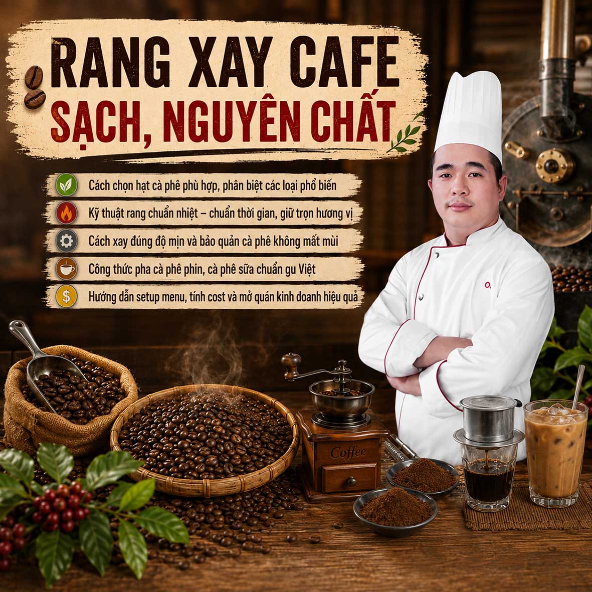 Chuyên Đề Học Rang & Xay Cà Phê (Nguyên Chất Hoặc Phối Trộn Theo Yêu Cầu Culi, Robusta, Arabica) - Đậm Đà Hương Vị