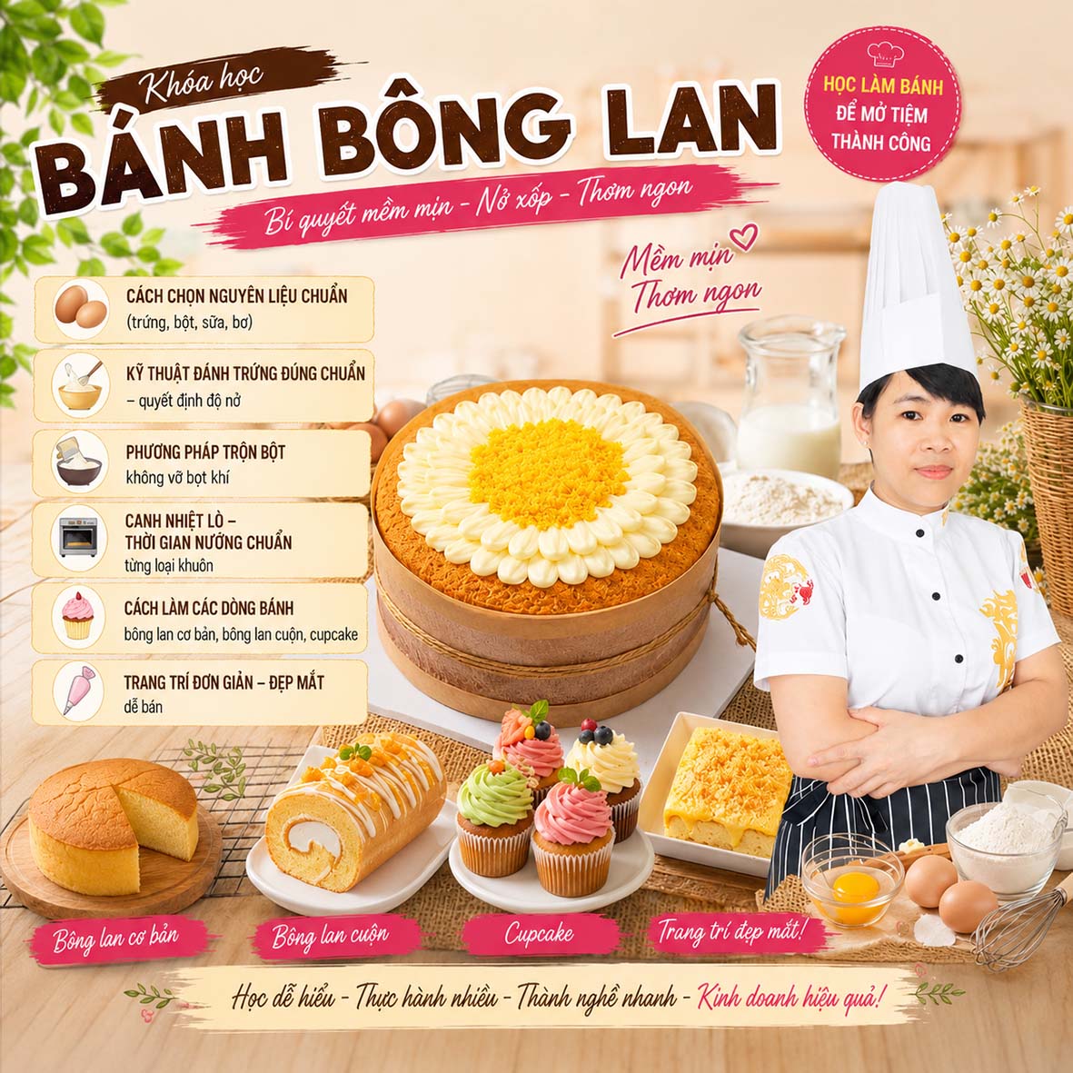 Tổng Hợp Chuyên Đề Học Cách Làm Bánh Bông Lan Từ A Đến Z (Sponge Cake) - Công Thức Mềm, Xốp, Không Xẹp