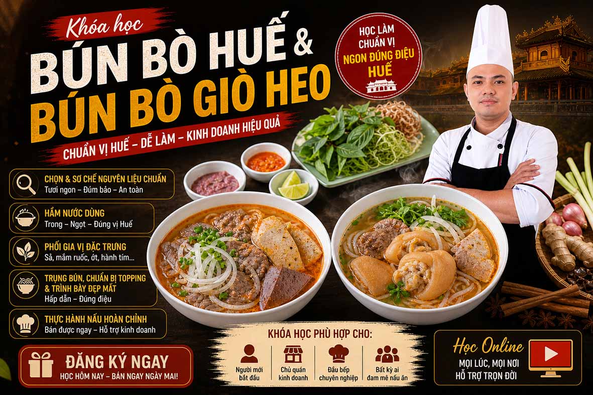 Chuyên đề học nấu BÚN BÒ HUẾ - BÚN BÒ GIÒ HEO đủ vị 3 miền Bắc - Trung - Nam Mở Quán Kinh Doanh (Beef Rice Noodles) PVN1388