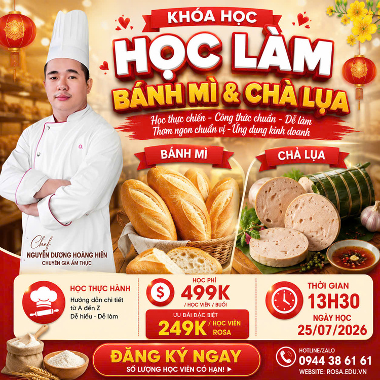 (𝐖𝐎𝐑𝐊𝐒𝐇𝐎𝐏 𝐕𝐈𝐏) Học làm Bánh Mì + Chả Lụa (Lớp 10 học viên, học ngắn , kinh doanh ngay) PVN615