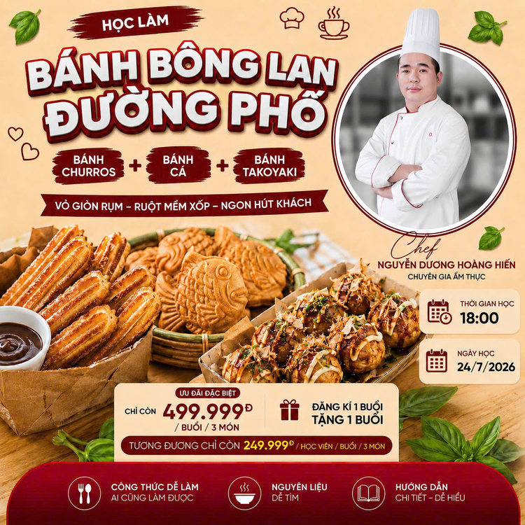 Workshop Học Làm Bánh Bông Lan Đường Phố Xài Máy Nướng Công Nghiệp : Bánh Churros, Bánh Tam Giác, Bánh Cá, Bánh Bạch Tuột PVN1835