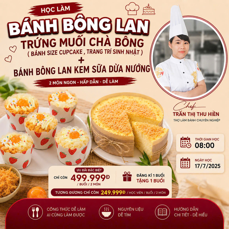 Workshop Học Làm Bánh Bông Lan Trứng Muối Chà Bông Phương Pháp Tách Tròng ( Bánh Size Cupcake , Trang Trí Sinh Nhật ) + Bánh Bông Lan Kem Sữa Dừa Nướng PVN360