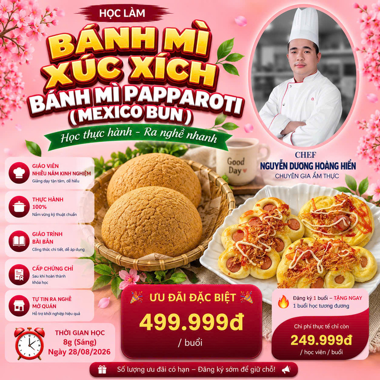 Workshop Học Làm Bánh Mì Mặn (Cuộn Chà Bông, Cuộn Xúc Xích,Tổ Cúc), Bánh Mì Mexico PVN728
