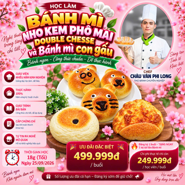 Workshop Học Làm Bánh Mì Ngọt Nho Kem Nhân Phô Mai Double Chesse + Bánh Mì Con Gấu PVN727