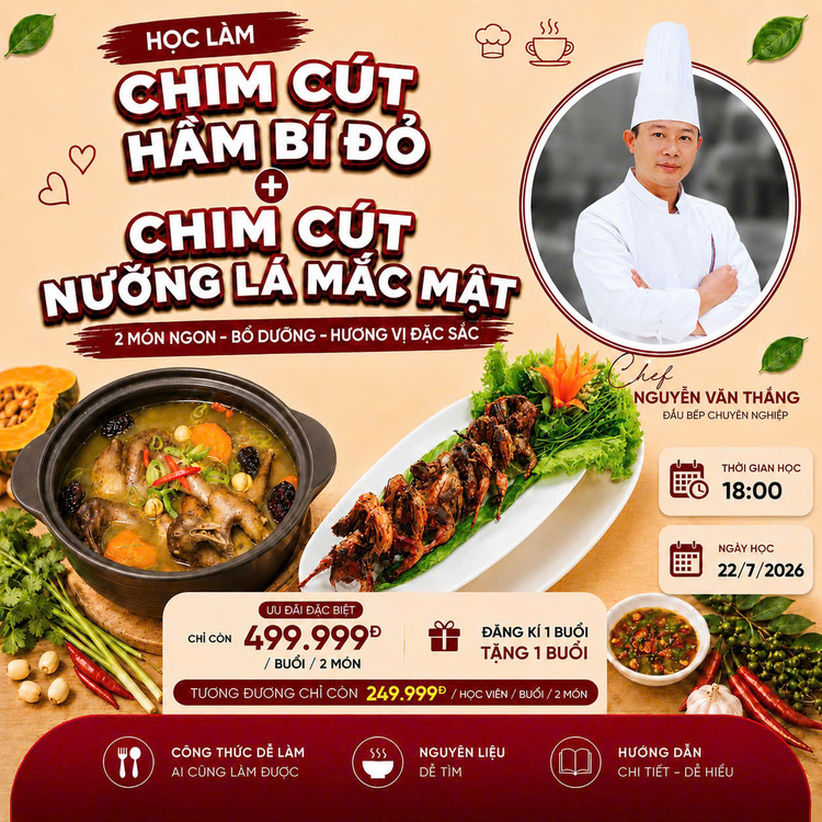 Workshop Học Làm Chim Cút Hầm Bí Đỏ + Chim Cút Nướng Lá Mắc Mật PVN1727