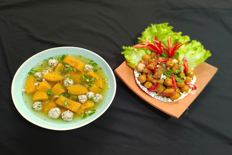 Workshop Học Làm Cơm Niêu + Thịt Ba Chỉ Kho Trứng Cút + Cải Thìa Xào Nấm + Canh Bí Đỏ Thịt Bằm PVN1101