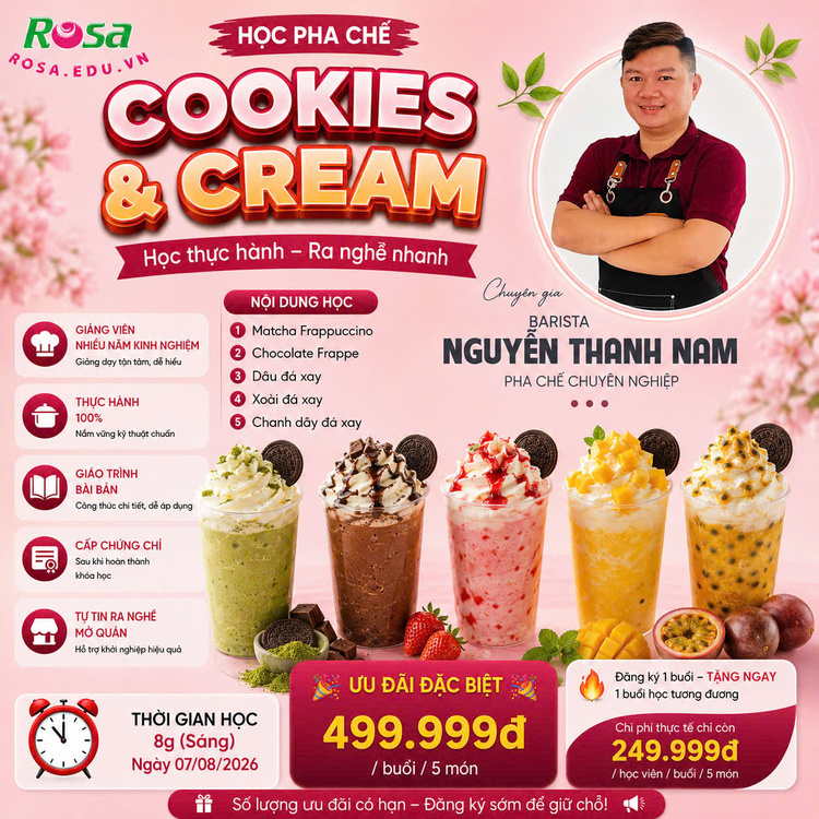 Workshop Học Làm Cookies & Cream, Matcha Frappuccino, Chocolate Frappe, Dâu Đá Xay, Xoài Đá Xay, Chanh Dây Đá Xay, Việt Quất Đá Xay, Yogurt Đá Xay PVN1298